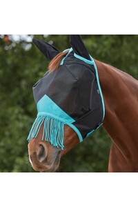 2024 Weatherbeeta Comfitec Deluxe Fine Mesh Fly Mask With Ears & Tassels 1009577 - Black / Turquoise